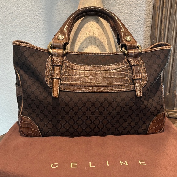 Celine croc 🐊 embossed Dark Brown Monogram Handbag Vintage - Picture 1 of 14